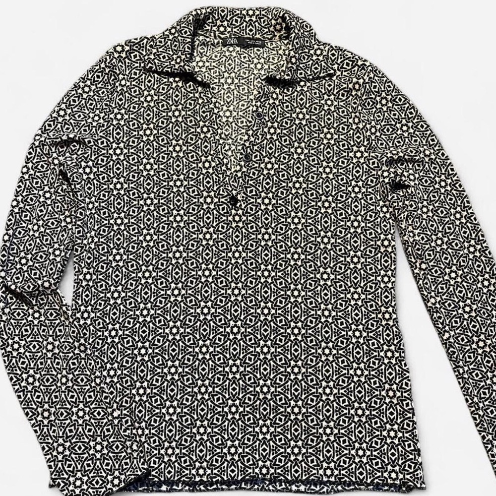 ZARA Black and Beige Geometric Pattern Lightweight V- Neck Long Sleeve Top SZ L